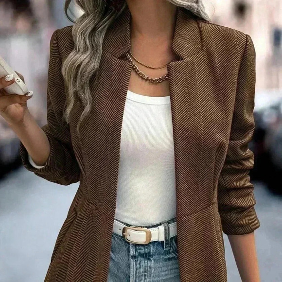 Coffee Brown Casual Women's Herringbone Pattern Long Sleeve Overcoat - Picture 4 of 7